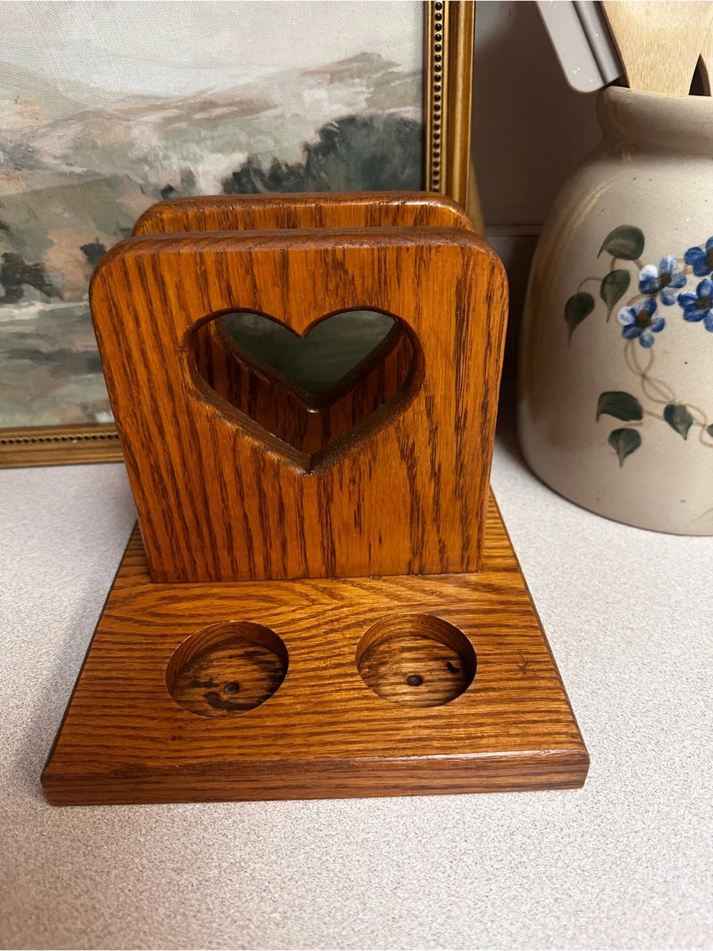 Cottage Core Wooden Heart Napkin & Salt Pepper Holder - Warm Oak Finish